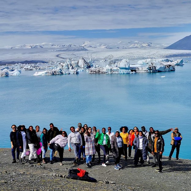 GRÓ GEST 2023 cohort visiting the Glacial Lagoon at Jökulsárlón. "On a personal level, the experience of being in Iceland was transformative. It was my first time outside of Africa, and I was amazed by the stark contrast in weather, especially seeing snow for the first time and the breathtaking glaciers and northern lights."