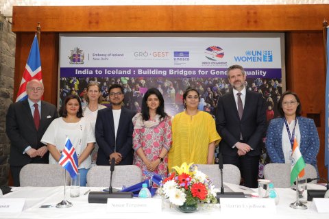 Participants with Permanent Secretary of State at the Ministry for Foreign Affairs in Iceland, Martin Eyjólfsson, at the Gender Equality Event at the UN House, New Delhi.